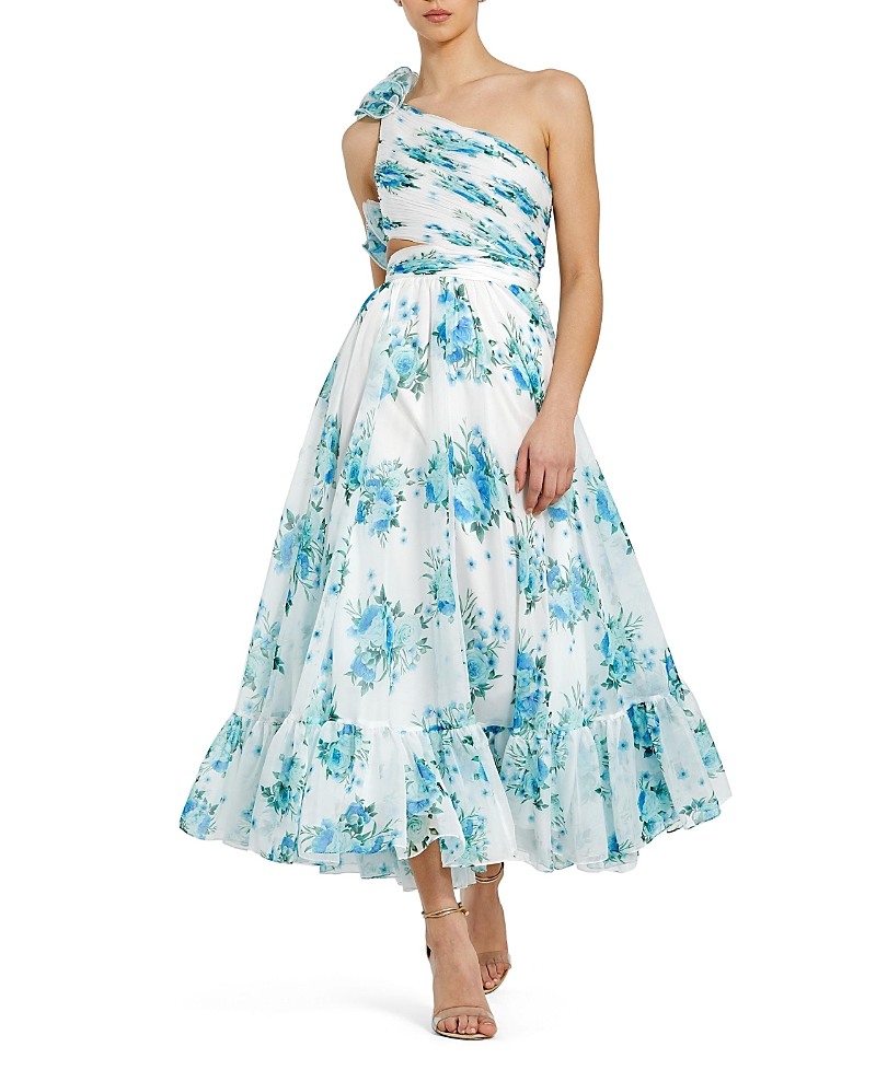 Mac Duggal Floral Print Ruffle Cutout One-shoulder Midi Dress In White Multi
