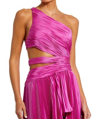  One Shoulder Pleated Charmeuse Gown with Slit