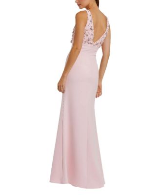 Crepe Sleeveless Beaded V Neck Gown with Bow