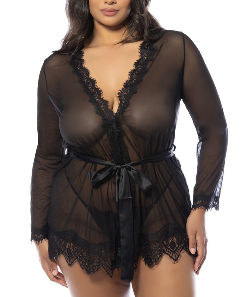 Oh La La Cheri Plus Size Provence Eyelash Lace Robe Set In Black