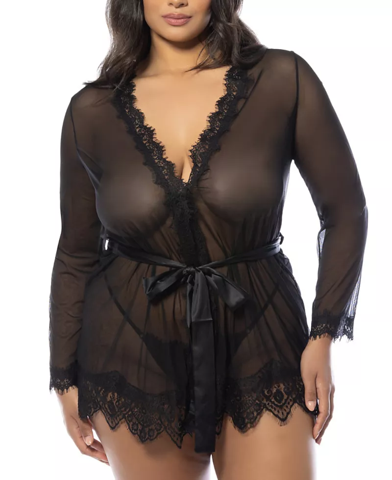 Oh La La Cheri Plus Size Provence Eyelash Lace Robe with Sash and G-string Panty