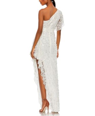 One Shoulder Beaded Embellished Gown with Asymmetrical Hem