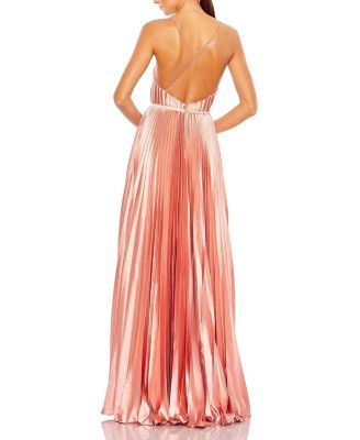 Plunge Neck Pleated Evening Gown