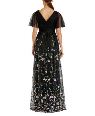 Embellished Illusion Butterfly Sleeve V Neck Gown