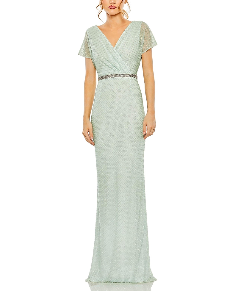 Mac Duggal Short Sleeve Beaded V-neck Gown In Sage