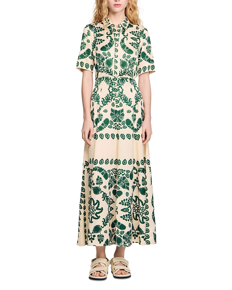 Sandro Lavandou Maxi Shirtdress In Ecru/green