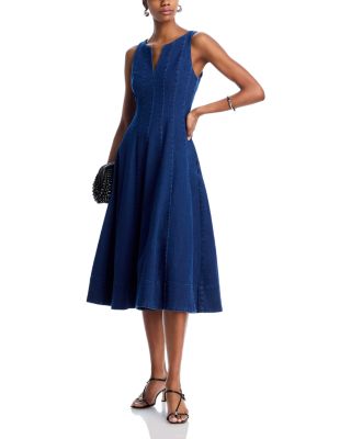 AQUA - Denim Panel V Neck Sleeveless Midi Dress - Exclusive