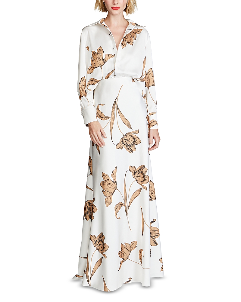 Halston Marcelle Floral-print Satin Shirt Gown In Ivory Satin