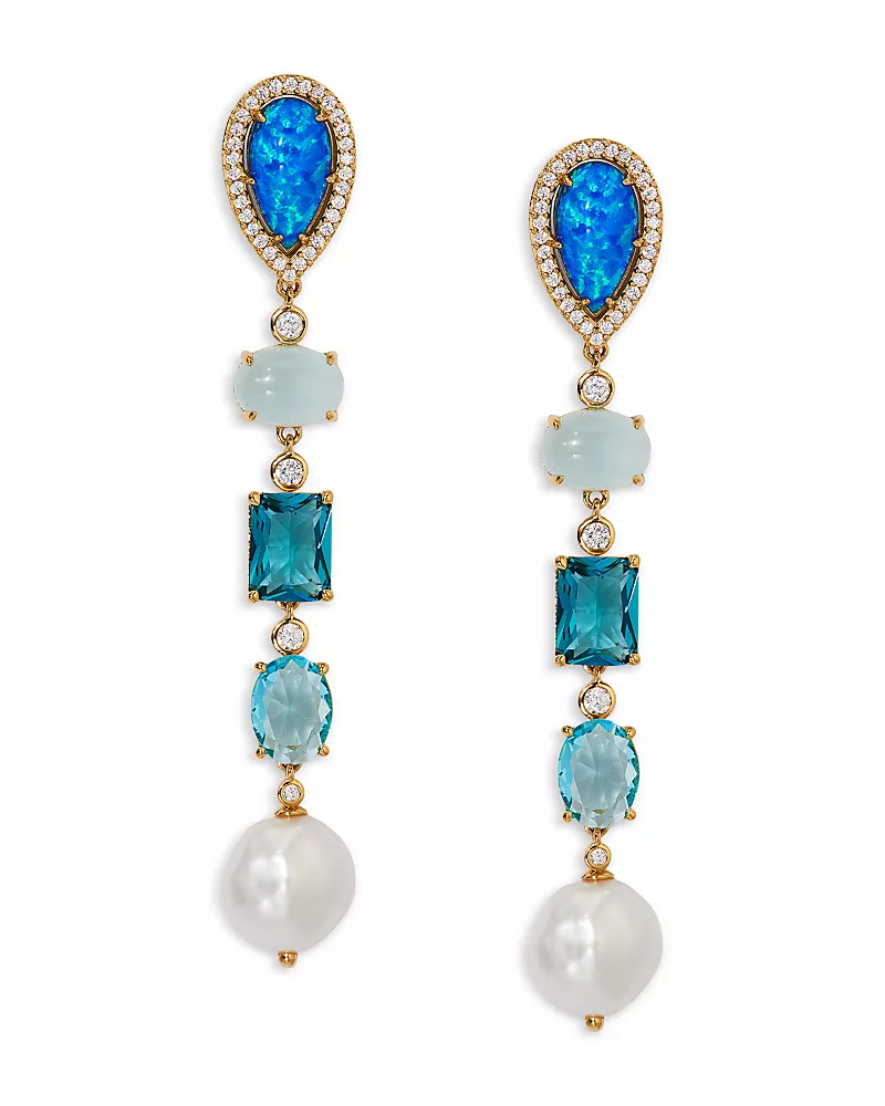 Nadri Blue Lagoon Mixed Stone Linear Drop Earrings in 18K Gold Plated