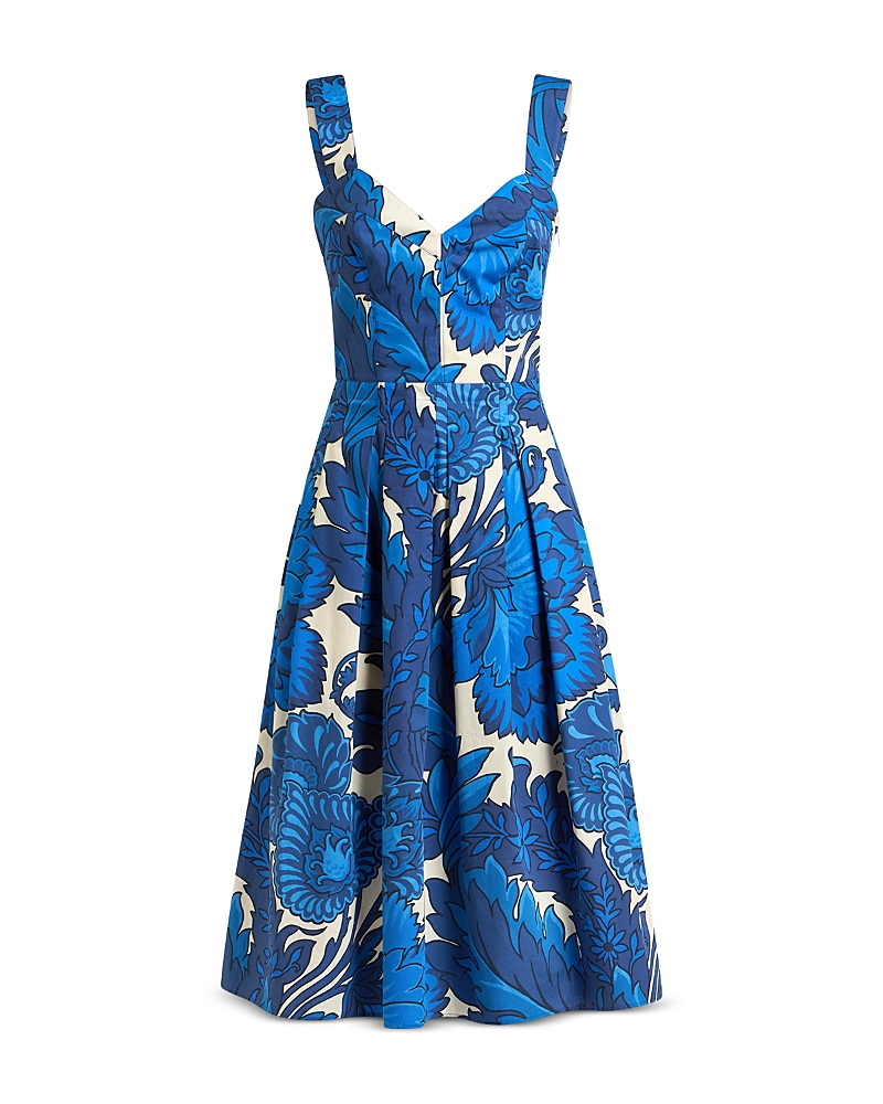 Etro Floral Sleeveless Pleated Cotton Midi Sundress In Printed Azure Base