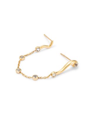 14K Yellow Gold White Topaz Snake Motif Two Stud Chain Earrings
