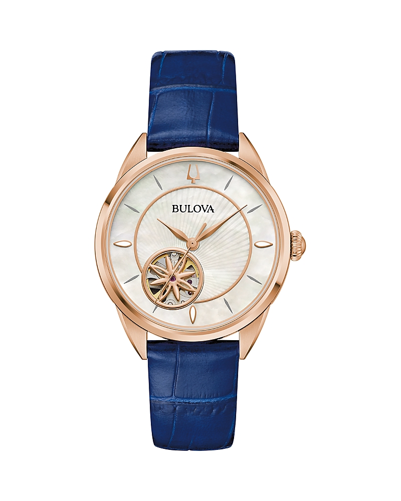 Bulova Women's Sutton Automatic Navy Blue Leather Strap Watch 34.5mm In White/blue