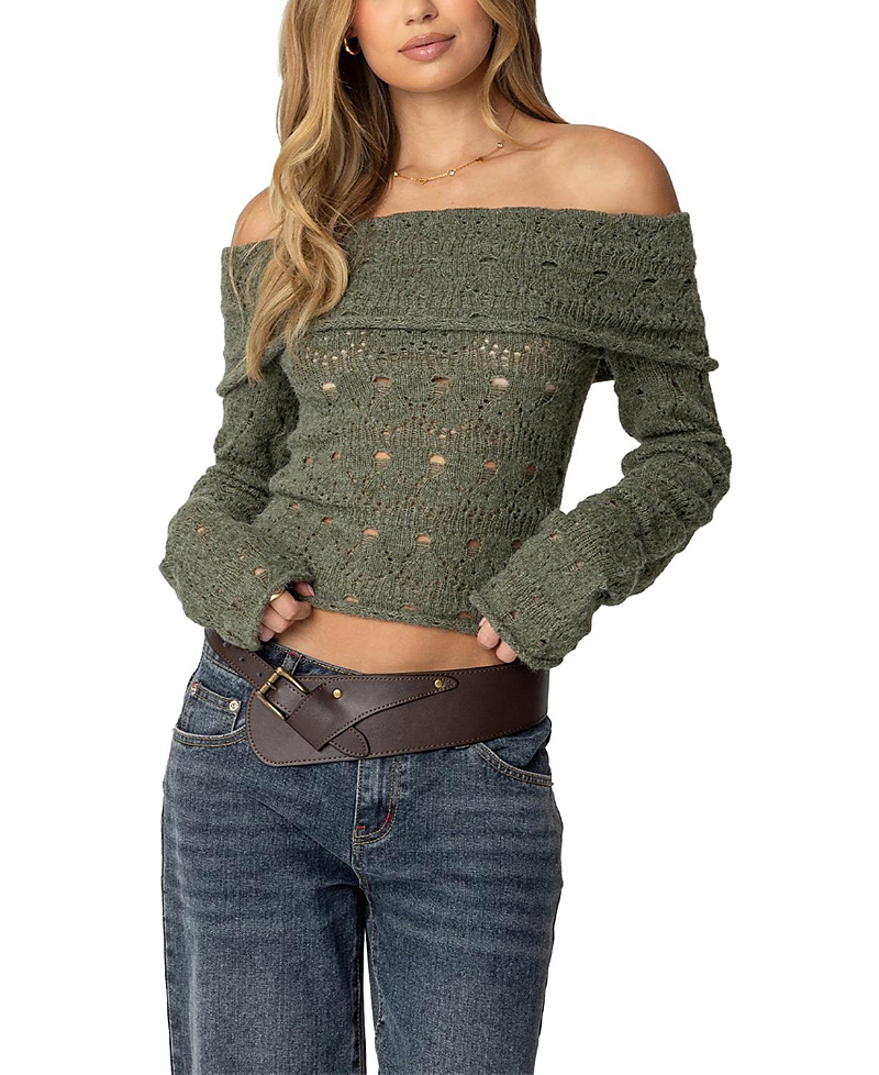 Shop Edikted Kenna Fold Over Knit Top In Green