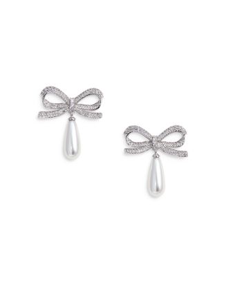 self-portrait Women's Bow Pearl Droplet Earrings Silver