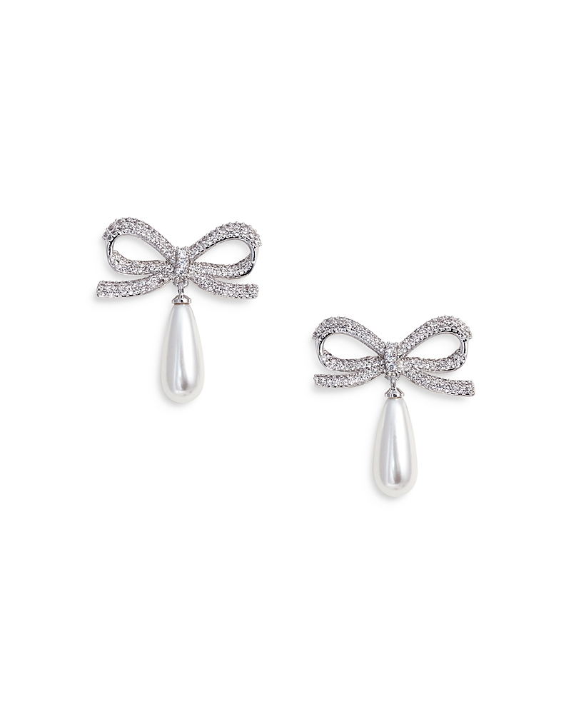 Shop Self-portrait Crystal Bow Imitation Pearl Droplet Earrings In Silver