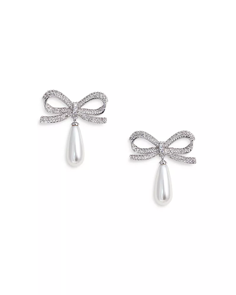 Self-Portrait Crystal Bow Imitation Pearl Droplet Earrings