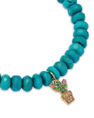 14K Yellow Gold Diamond, Pink Sapphire & Emerald Potted Cactus Charm Beaded Bracelet