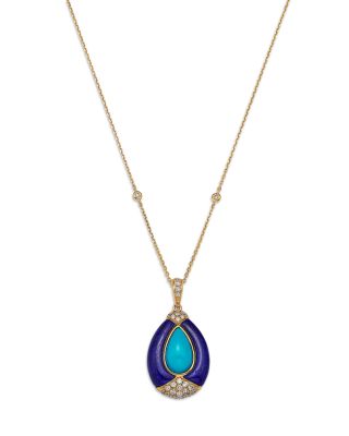 Bloomingdale's Fine Collection - Turquoise, Lapis & Diamond Teardrop Pendant Necklace in 14K Yellow Gold, 18"