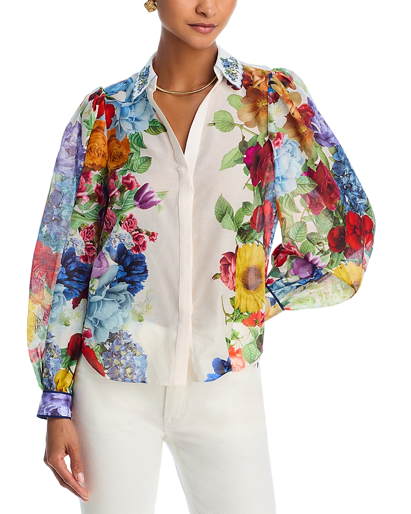 Shop Alice And Olivia Roanne Button Down Blouse In White Floral