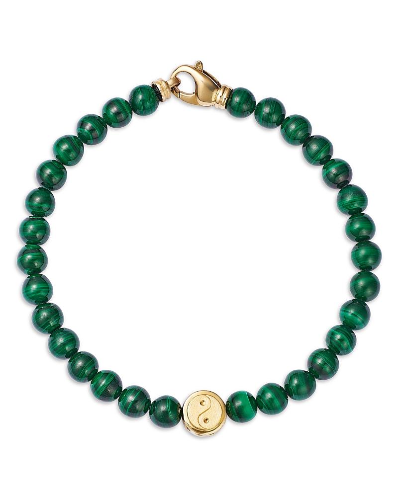 Bloomingdale's Fine Collection Men's Yin Yang Disc Malachite Bead Bracelet In 14k Yellow Gold In Green