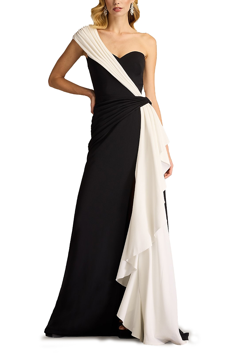Tadashi Shoji Textured Crepe Gown With Contrast Drape In Black/ivory