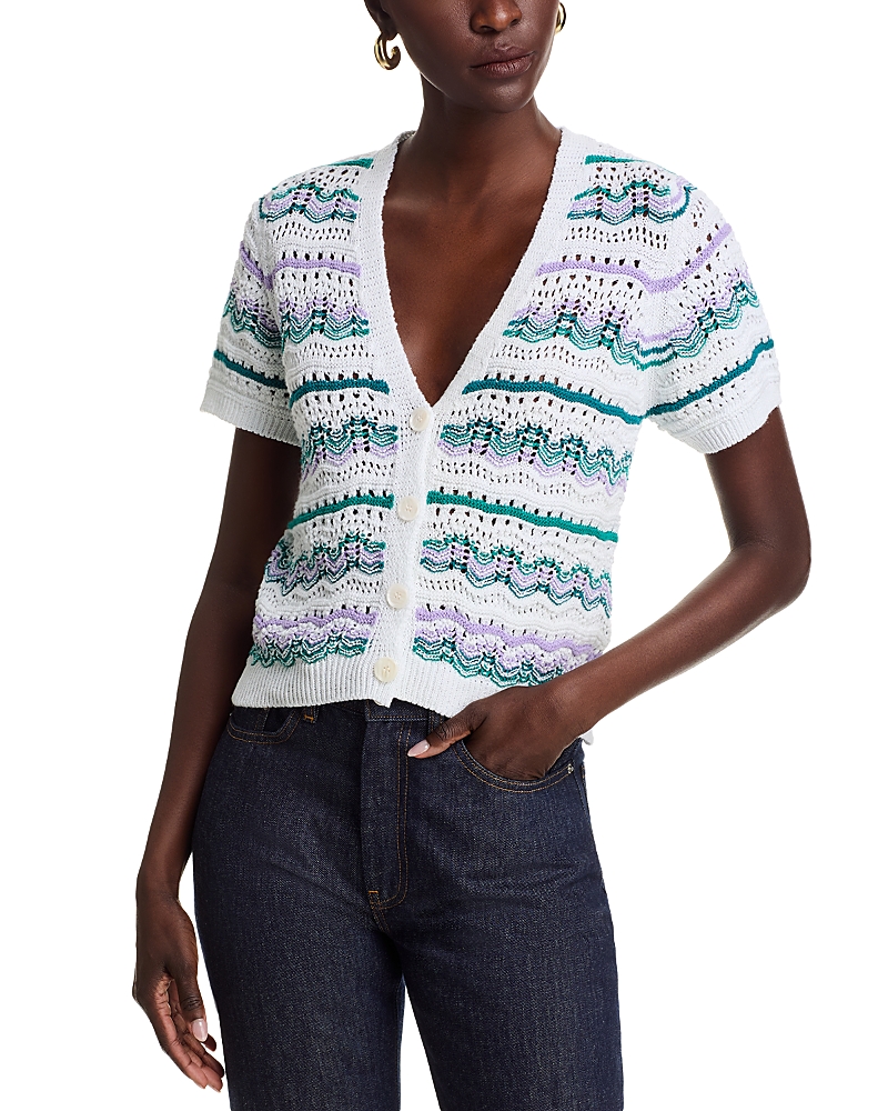 La Fee Maraboutee Open Knit Button Front Sweater In Blue/ White