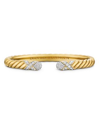 Sculpted Cable X Cuff Bracelet in 18K Yellow Gold with Diamonds, 6mm