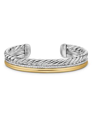 DY Mercer Three Row Cuff Bracelet in Sterling Silver with 18K Yellow Gold and Diamonds, 10mm