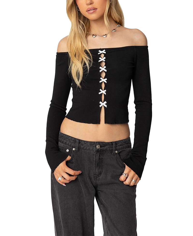 EDIKTED CONTRAST BOW OFF SHOULDER TOP