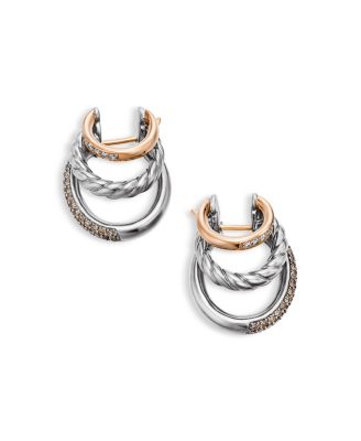 18K Rose Gold & Sterling Silver DY Mercer Cognac & White Diamond Pav&eacute; Triple Hoop Earrings