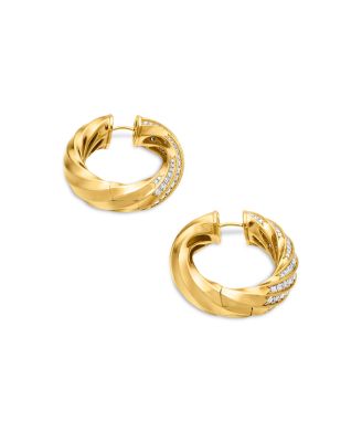 18K Yellow Gold Cable Edge Hoop Earrings with Diamonds