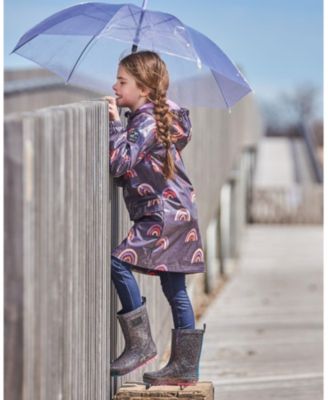 Girls' Printed Rain Coat with Hat on Shiny Background - Little Kid