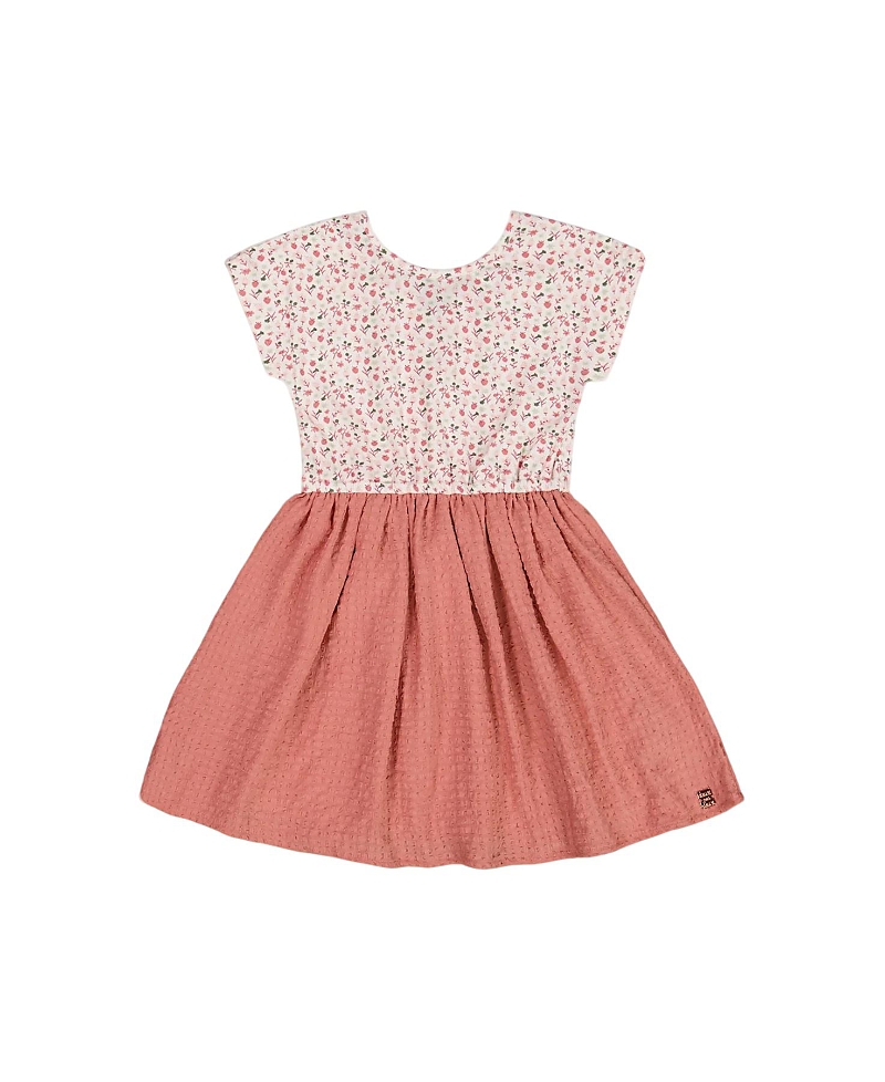Deux Par Deux Little Girl's Bi-material Dress With Printed Top Small Flowers And Pink In Small Flowers And Pink