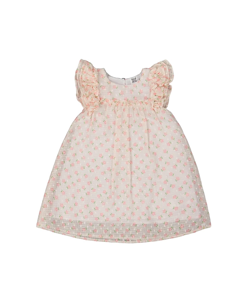 Deux Par Deux Girls' Printed Dress With Frills - Baby In Pale Pink And Flowers