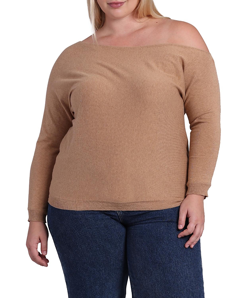 Minnie Rose Plus Size Cotton Cashmere Off The Shoulder Top In Brown