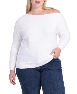 Minnie Rose Plus Size Viscose Sequin Off-the-shoulder Sweater In White