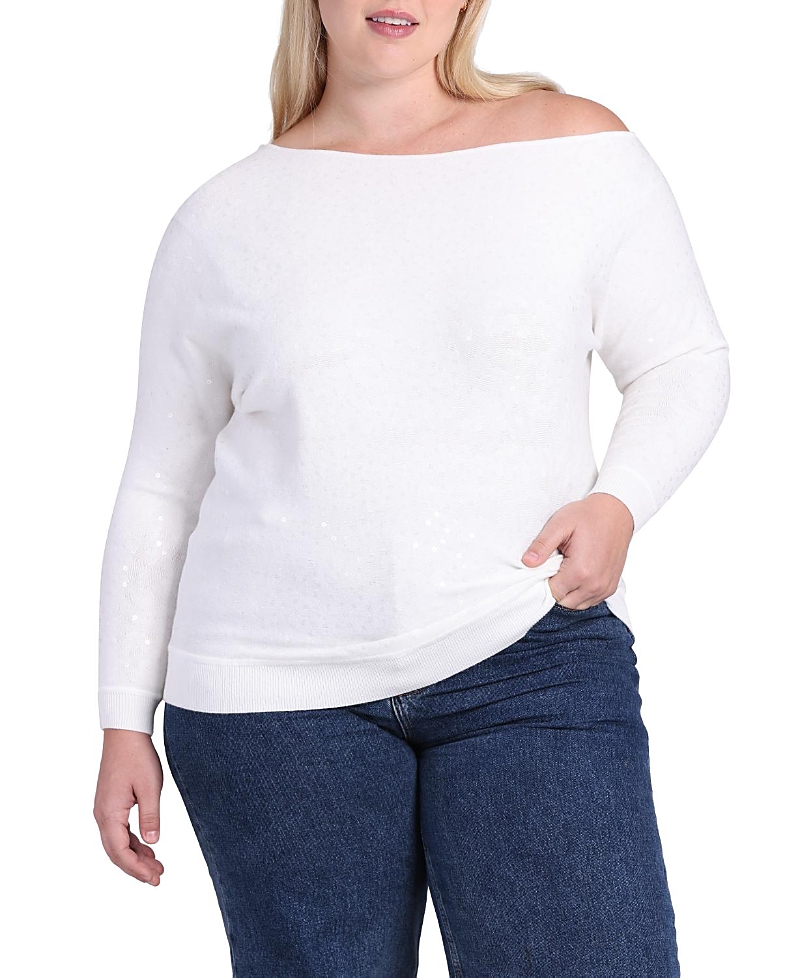 Minnie Rose Plus Size Viscose Sequin Off-the-shoulder Sweater In White