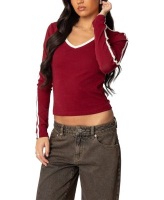 Contrast V Neck Long Sleeve T-Shirt