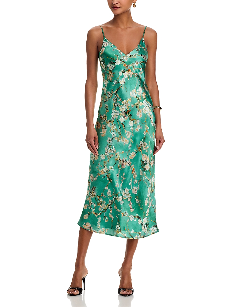 L'agence Cherry Blossom Seridie Mid-length Slip Dress In Teal Multi Cherry Blossom