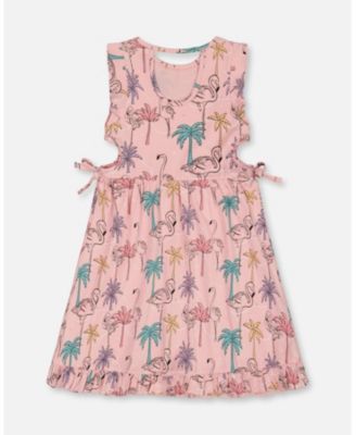  Girls' Printed Organic Cotton Dress with Cut Outs Palm Trees, Flamingo - Little Kid