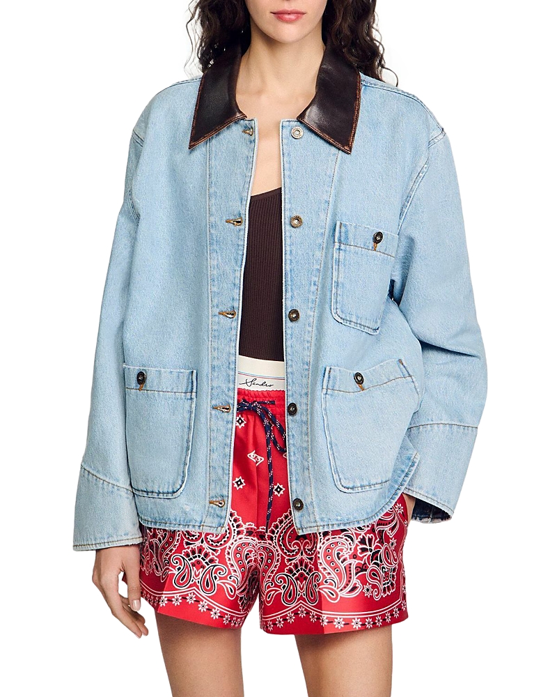 Sandro Leather Collar Denim Jacket