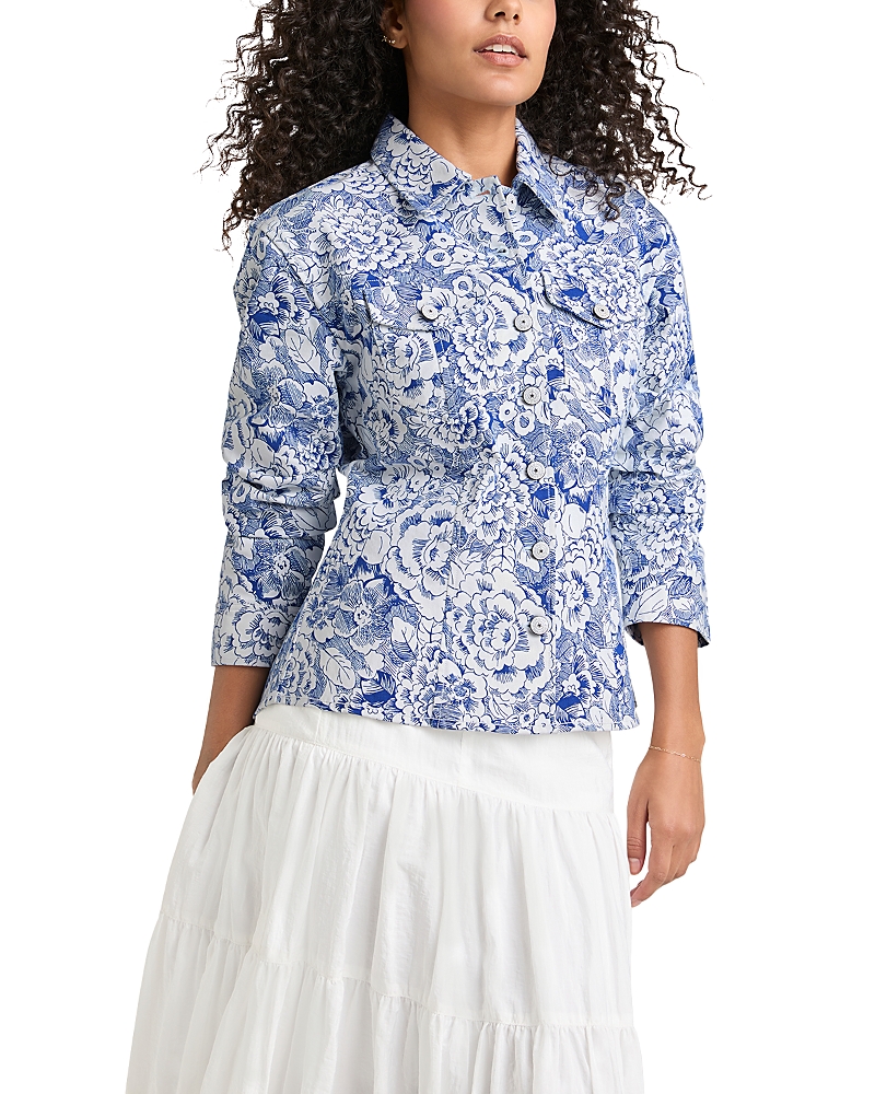 Cinq À Sept Cinq A Sept Sketchbook Floral Scrunched Canyon Jacket In White/dark Cerulean