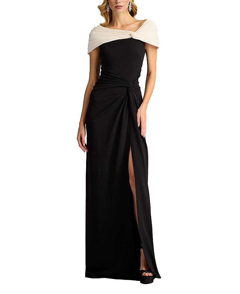 Tadashi Shoji Textured Crepe Cap Sleeve Contrast Gown In Black/ivory
