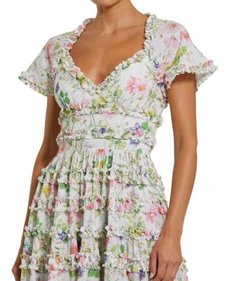 Cap Sleeve V Neck Open Back Floral Cotton Dress