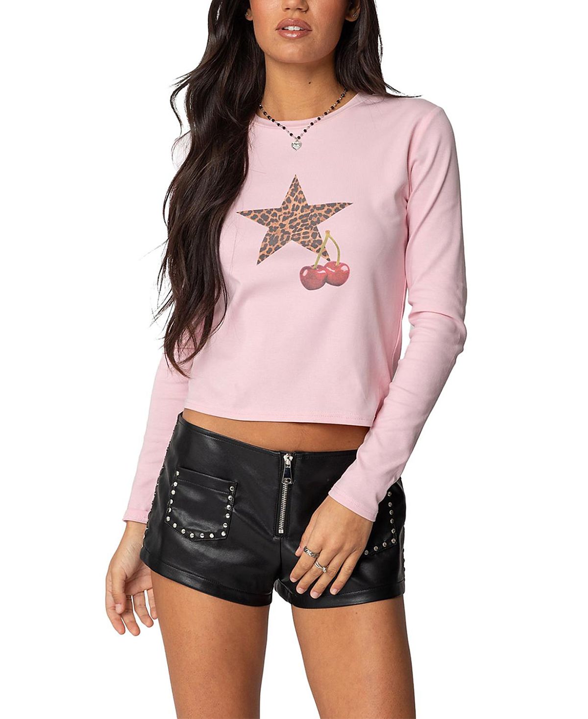Edikted Cherry Leopard Star Long Sleeve T Shirt