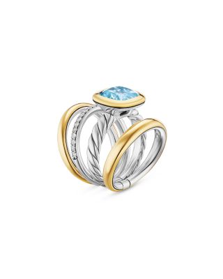 DY Mercer&reg; Four Row Stone Ring in Sterling Silver with 18K Yellow Gold, Gemstone and Diamonds, 14mm
