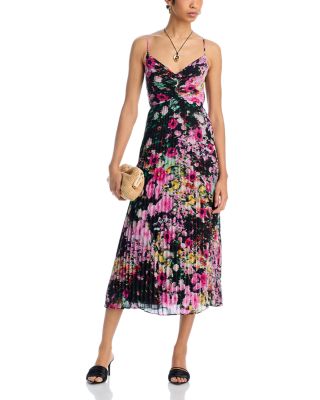 Ray Pleated Floral Chiffon Midi Dress