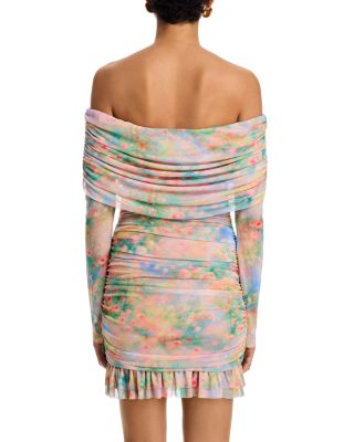 Fay Printed Ruched Off The Shoulder Mini Dress