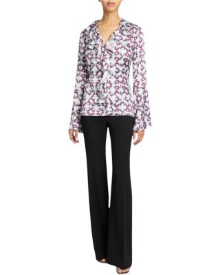 SYDNEY Long Sleeve Button Down Blouse with Ruffles in Graphic Printed Charmeuse