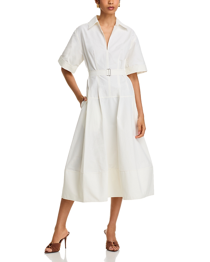 Shop Simkhai Deanna Short Sleeve Belted Poplin Midi Dress In White